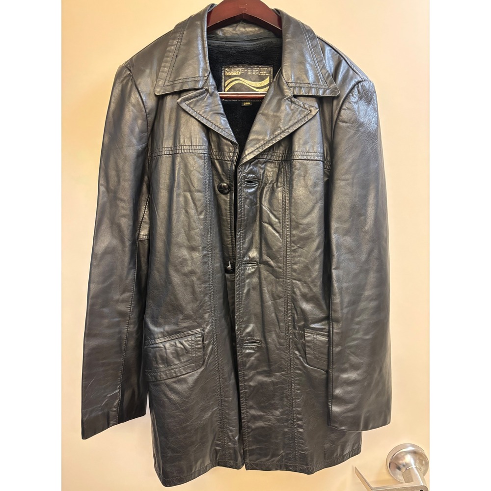 VTG Montgomery Ward Mens Black Leather‎ Sherpa Lined Peacoat 38R